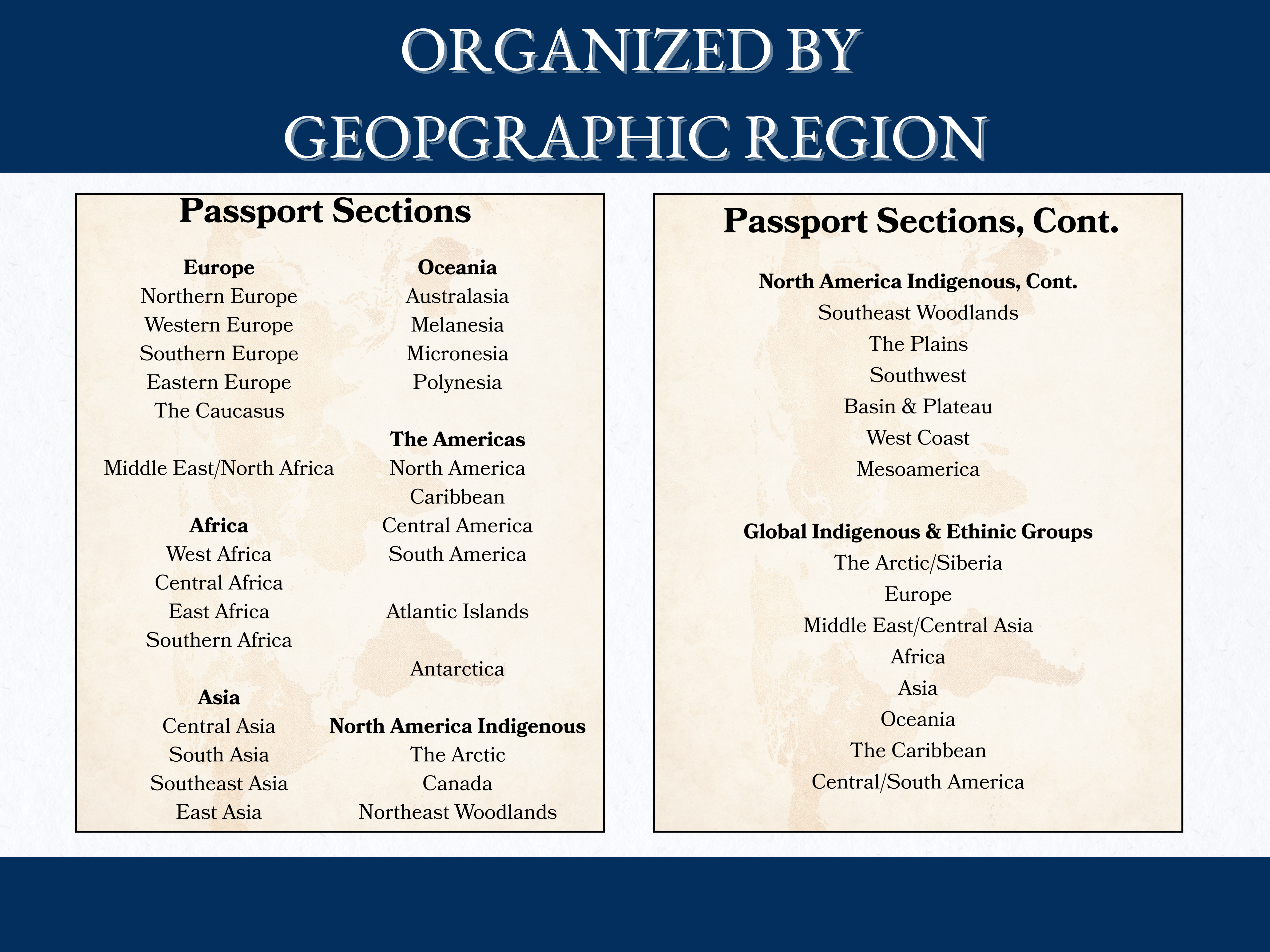 Organized by region and culture