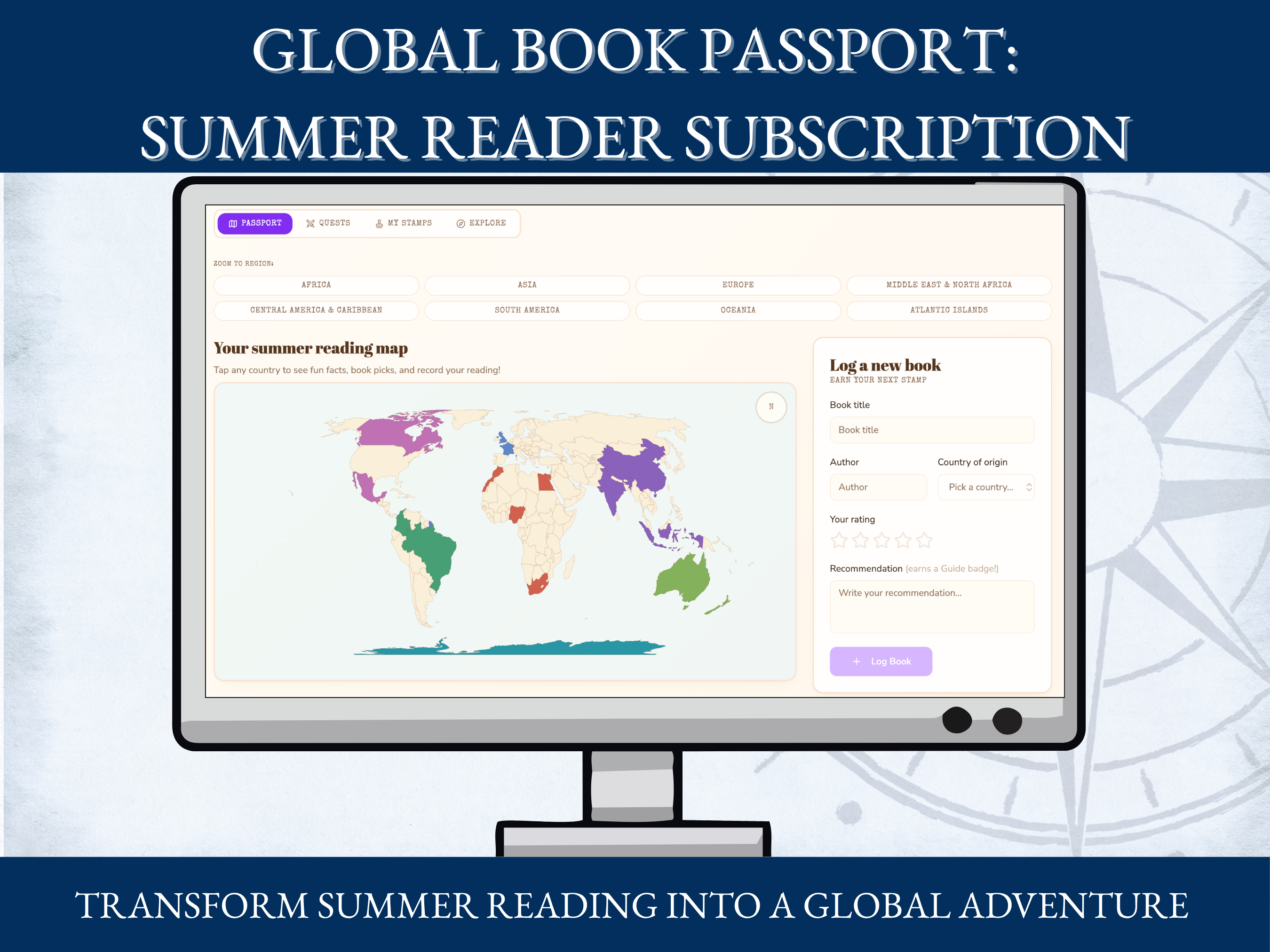 Global Book Passport summer reading app showing a world map and a place to log a new book