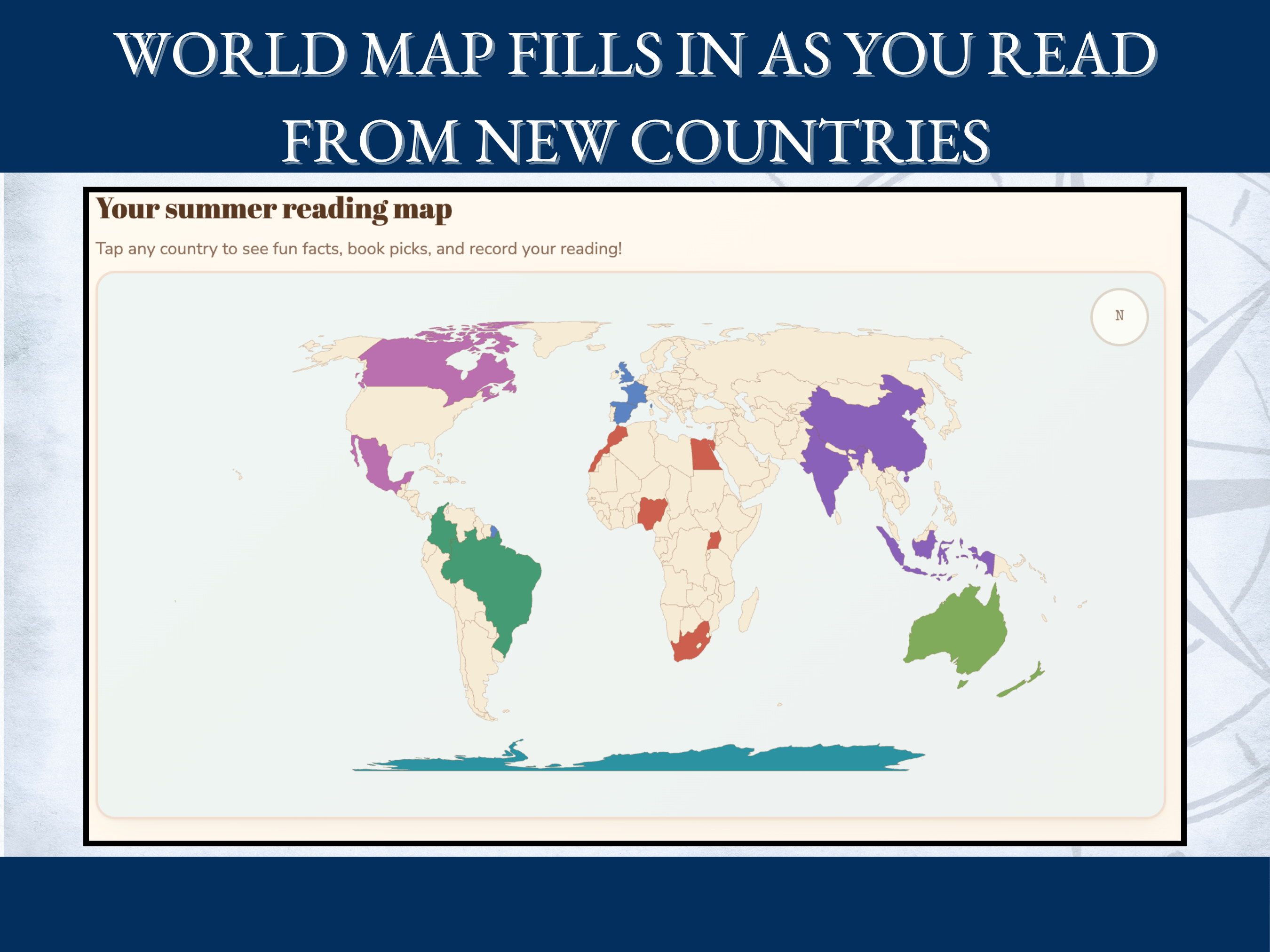 Interactive world map filling in with color as new countries are read