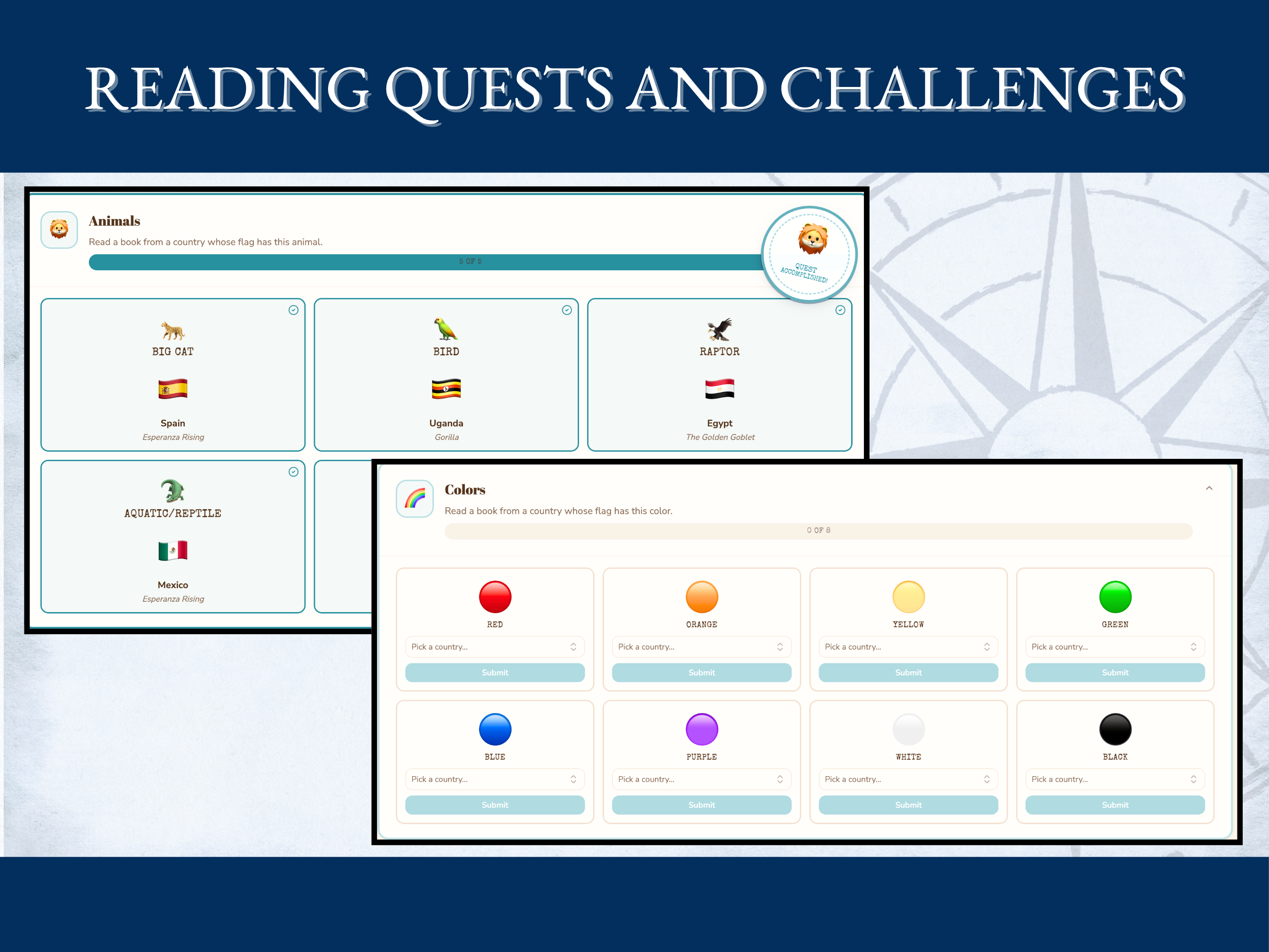 Reading quests and challenges based on animals, colors, and symbols on flags