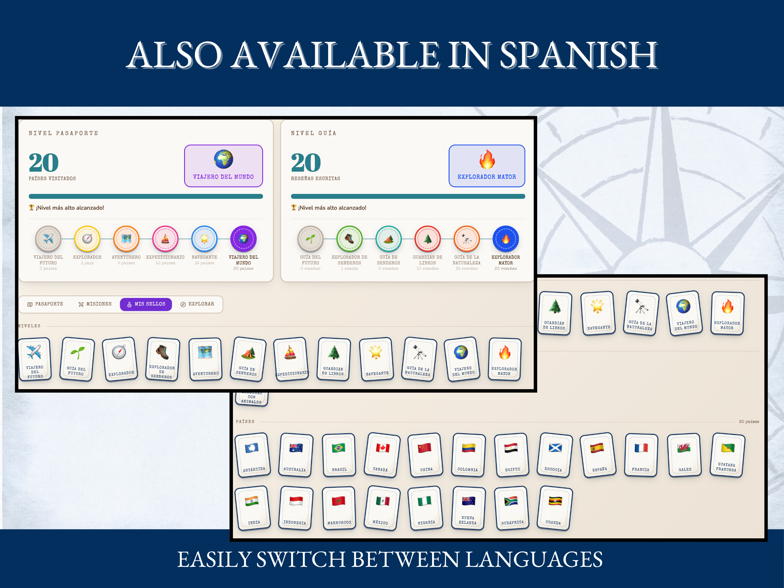 The app interface shown in Spanish, with a language toggle