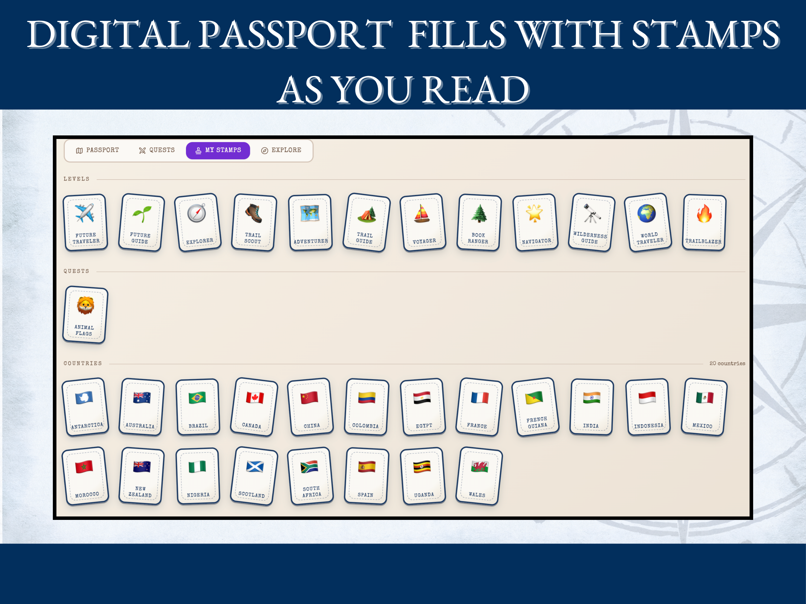 Digital passport pages filling with country and achievement stamps